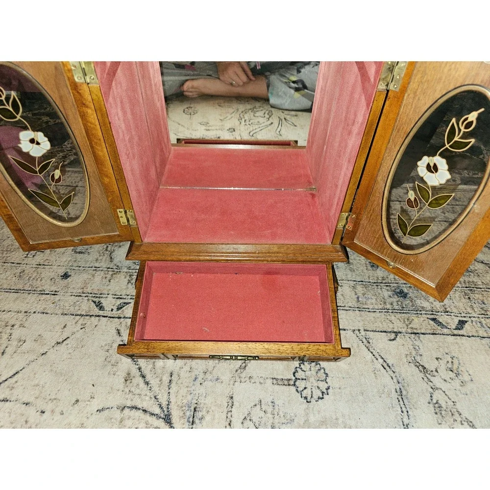 Vintage Wood Jewelry Armoire Etched Glass Floral Doors Red Velvet Lining Mirror